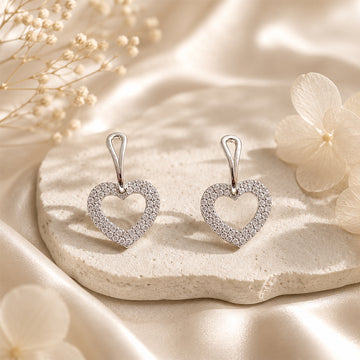 Pave crystal heart 925 silver Dangle Earrings