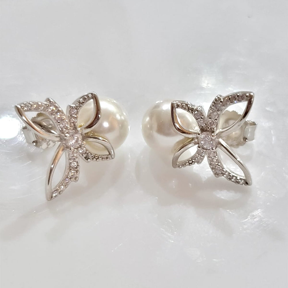 925 silver crystal bow and  pearl stud earring