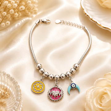 Enamel studded silver plated charm bracelet with  pure 925 silver