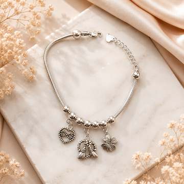 Oxidised studded silver plated charm bracelet with  pure 925 silver